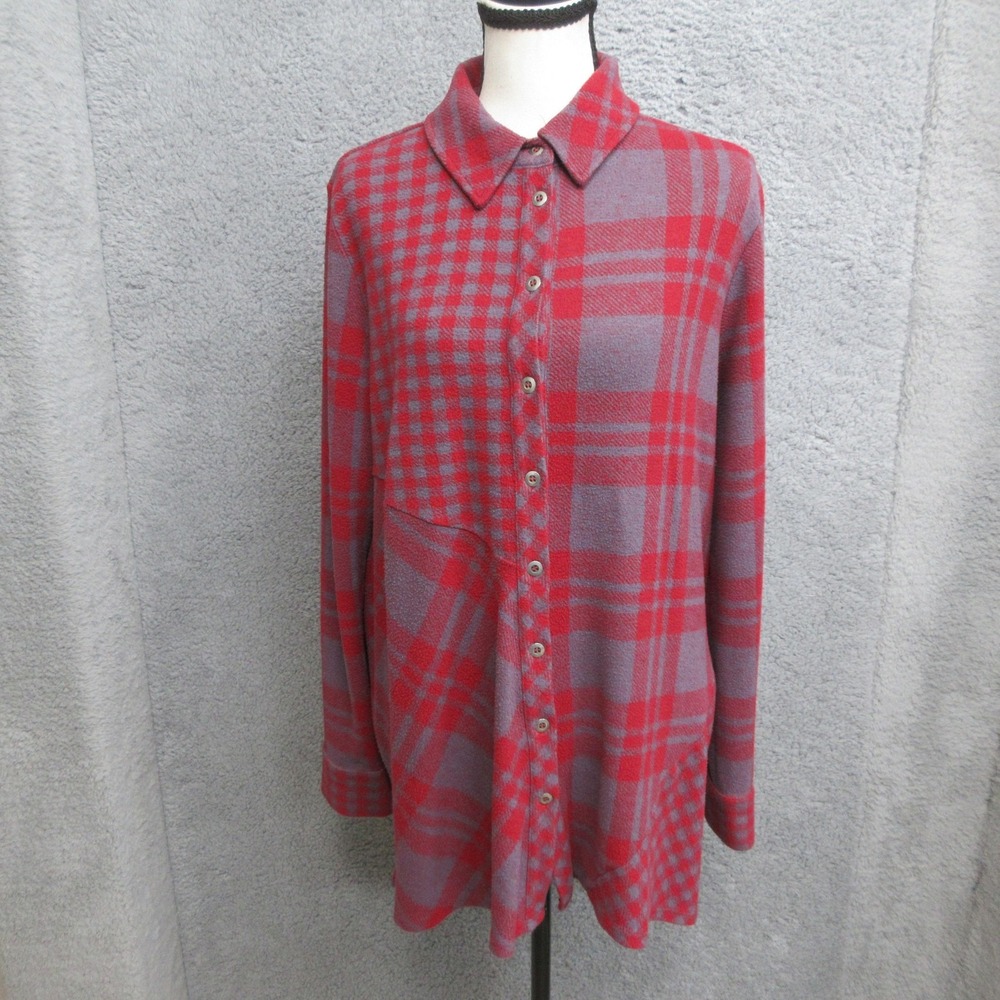 Soft Surroundings Paramour Tunic Shirt L Red Gray Plaid Cabin Core Lagenlook